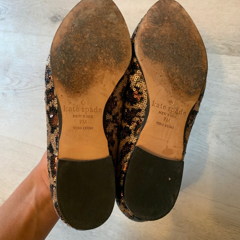 Kate Spade New York Leopard Sequin Cat Ear Loafers Flats Brown Gold 7M - Picture 4 of 6